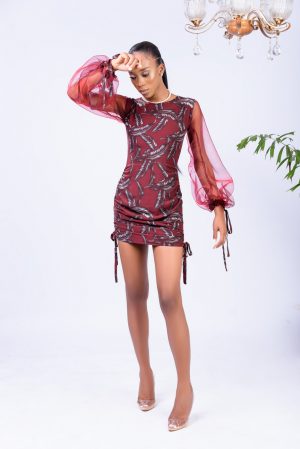 YARA WINE MESH SLEEVE RUCHED GOWN